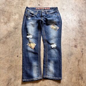 Dollhouse Distressed Patchwork Jeans Y2K Low Rise Flare Grunge Denim